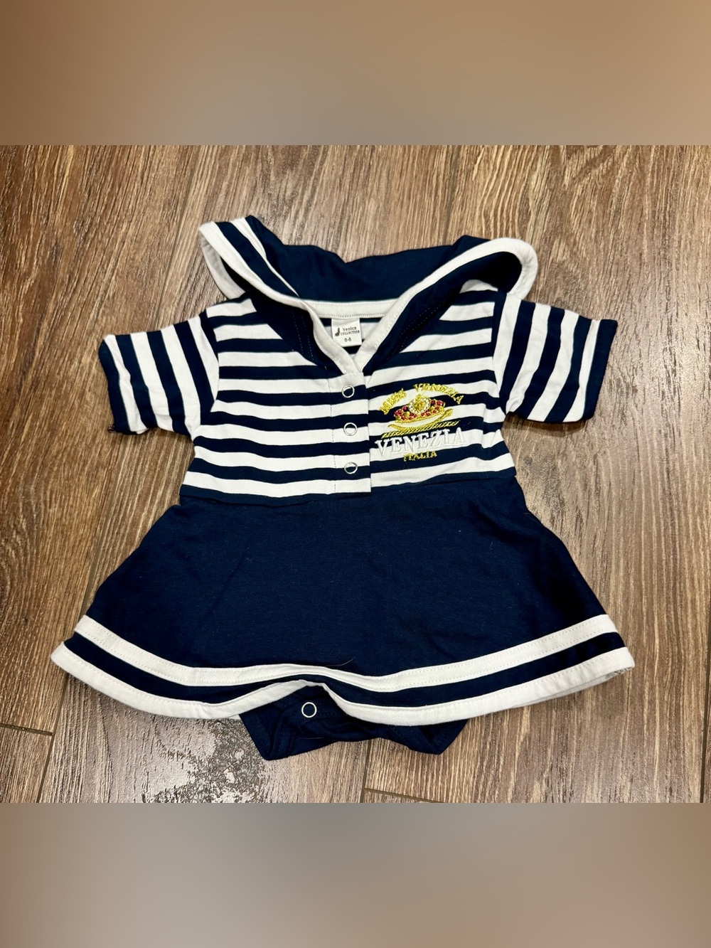 Navy & White Striped Nautical Baby Dress with Venezia Patch